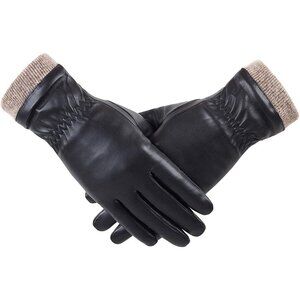 Women's Black Winter Leather Gloves Wool Fleece Lined Thermal Touchscreen